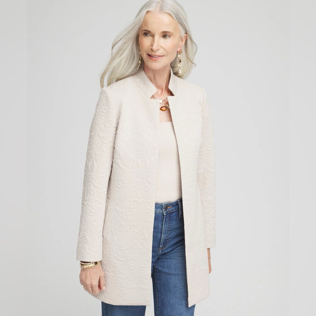 Chicos Jacquard Topper Jacket Womens Size 3 / Xl Cream Quiet Luxury Minimalist